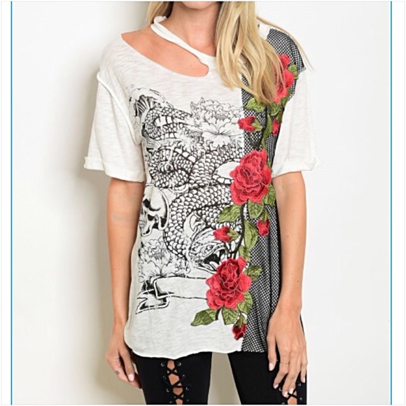 Distressed Rose Skull Graphic Tunic Tee SML - Picture 7 of 8